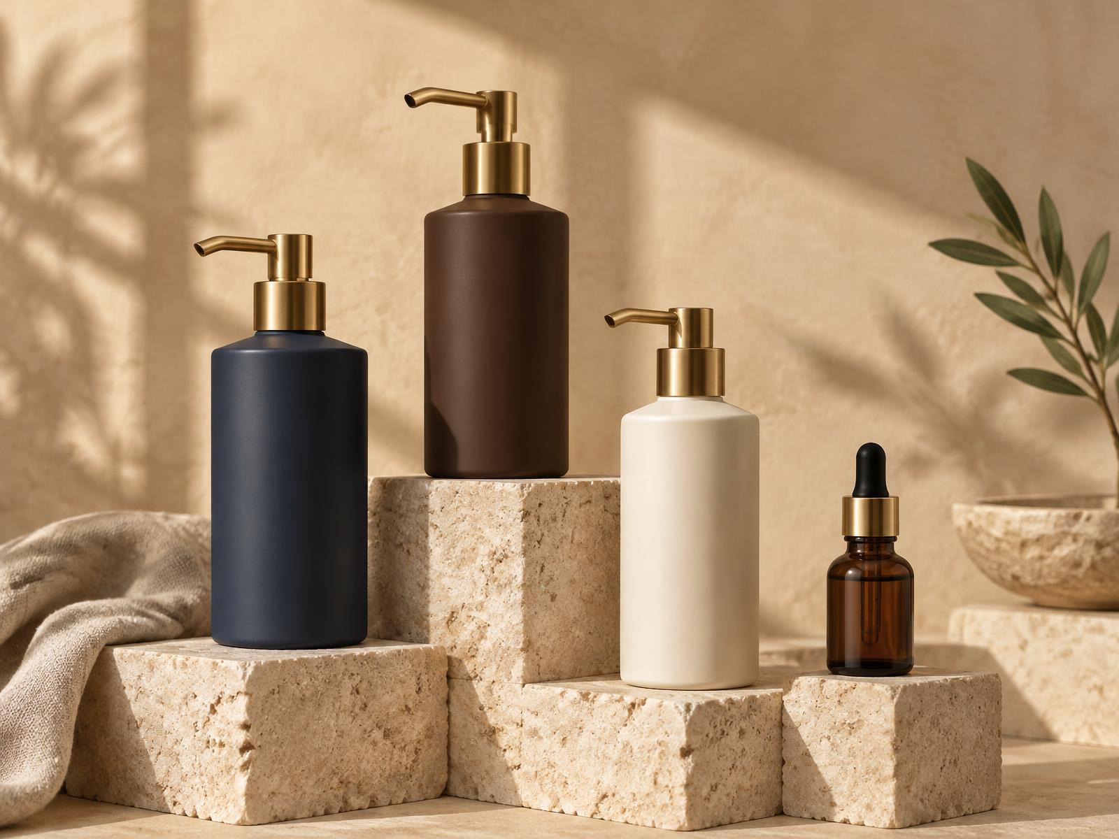 The four Zander products arranged on limestone plinths in warm daylight