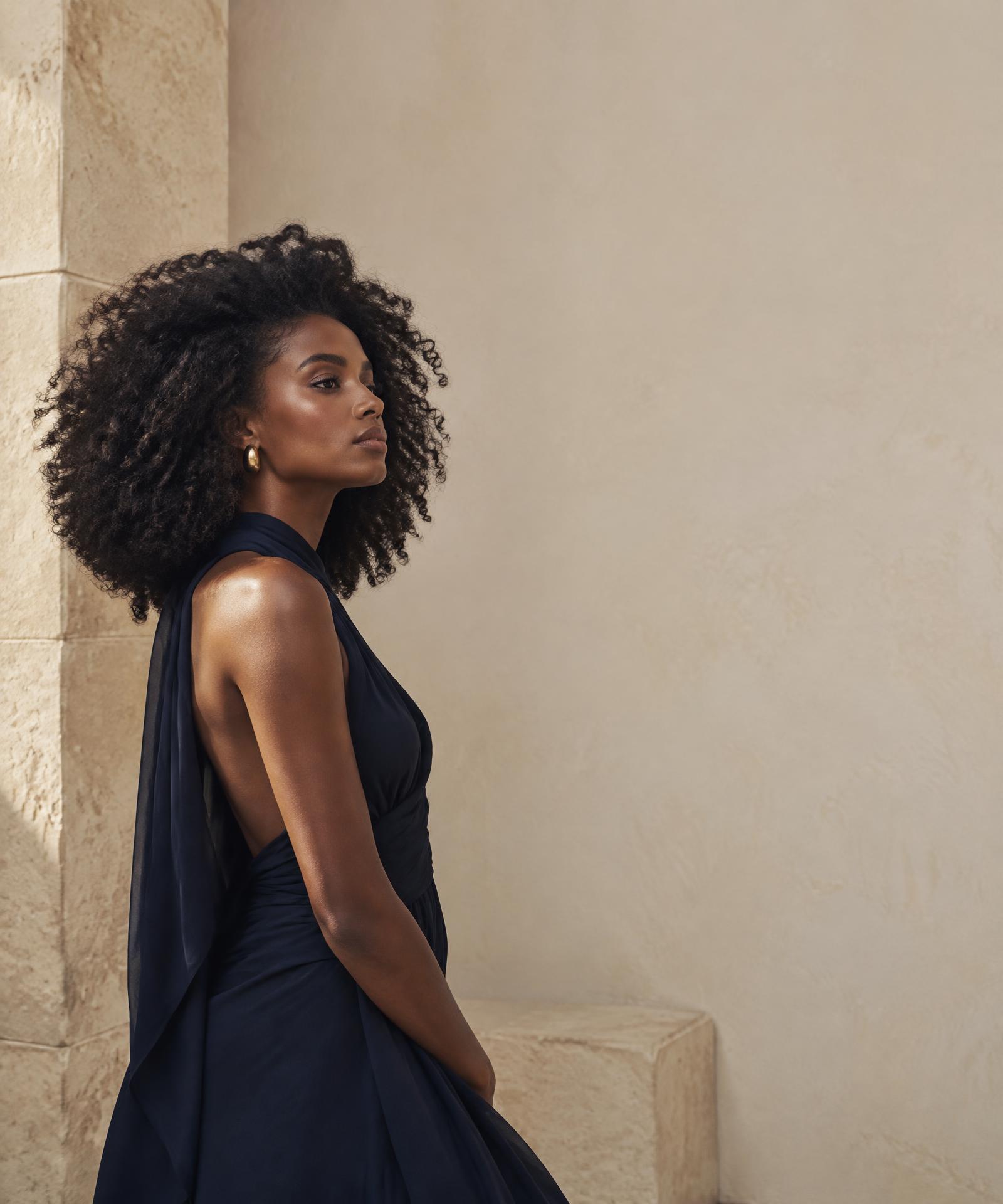 Woman with healthy natural hair beside a warm limestone wall