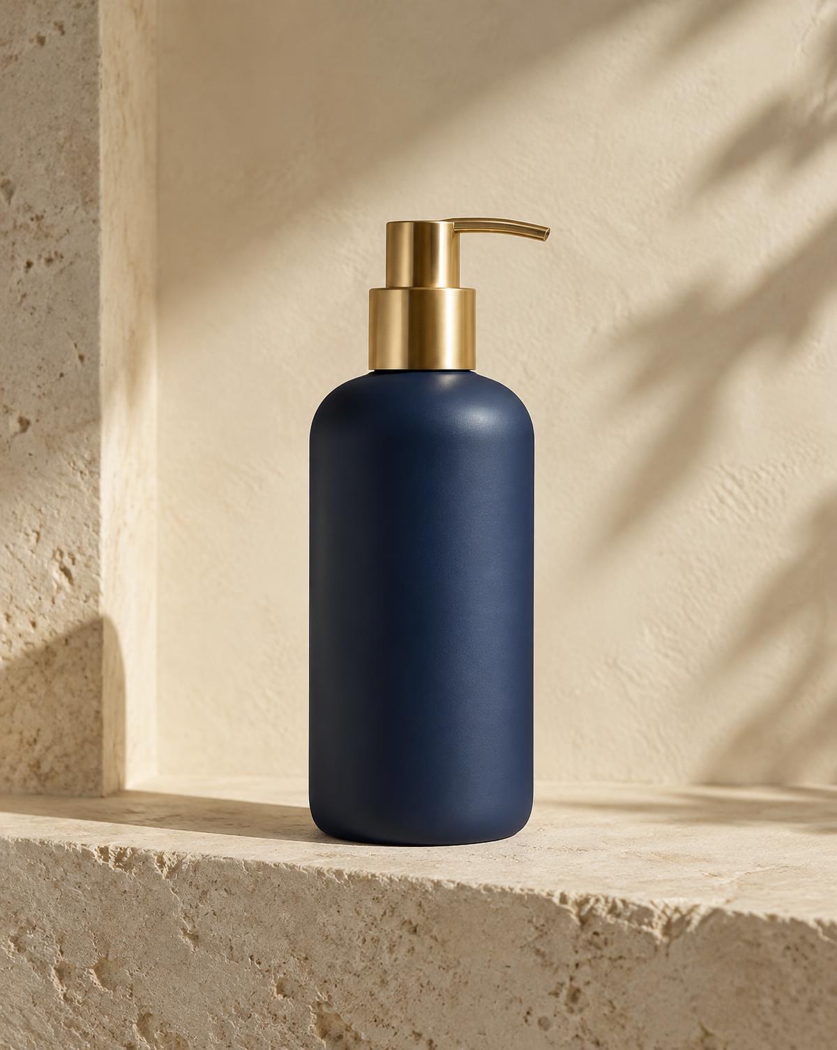 Matte deep blue Zander Moisture Cleanse shampoo bottle with champagne gold pump on a limestone ledge