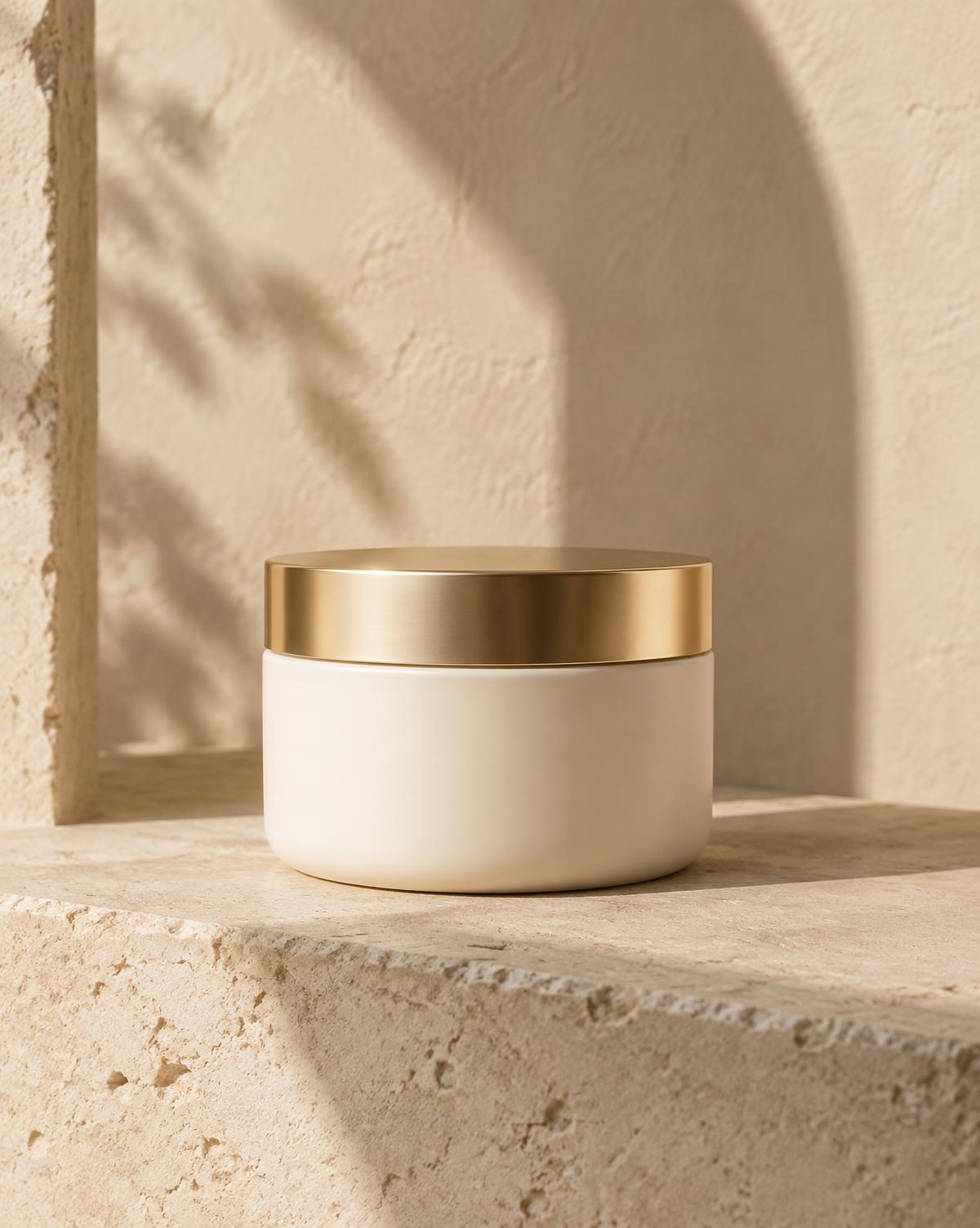 Warm ivory Zander Melt + Seal hair butter jar with champagne gold lid on a limestone ledge